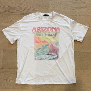 SHEIN White Arizona Retro Graphic Tee with Pink & Pastel Print